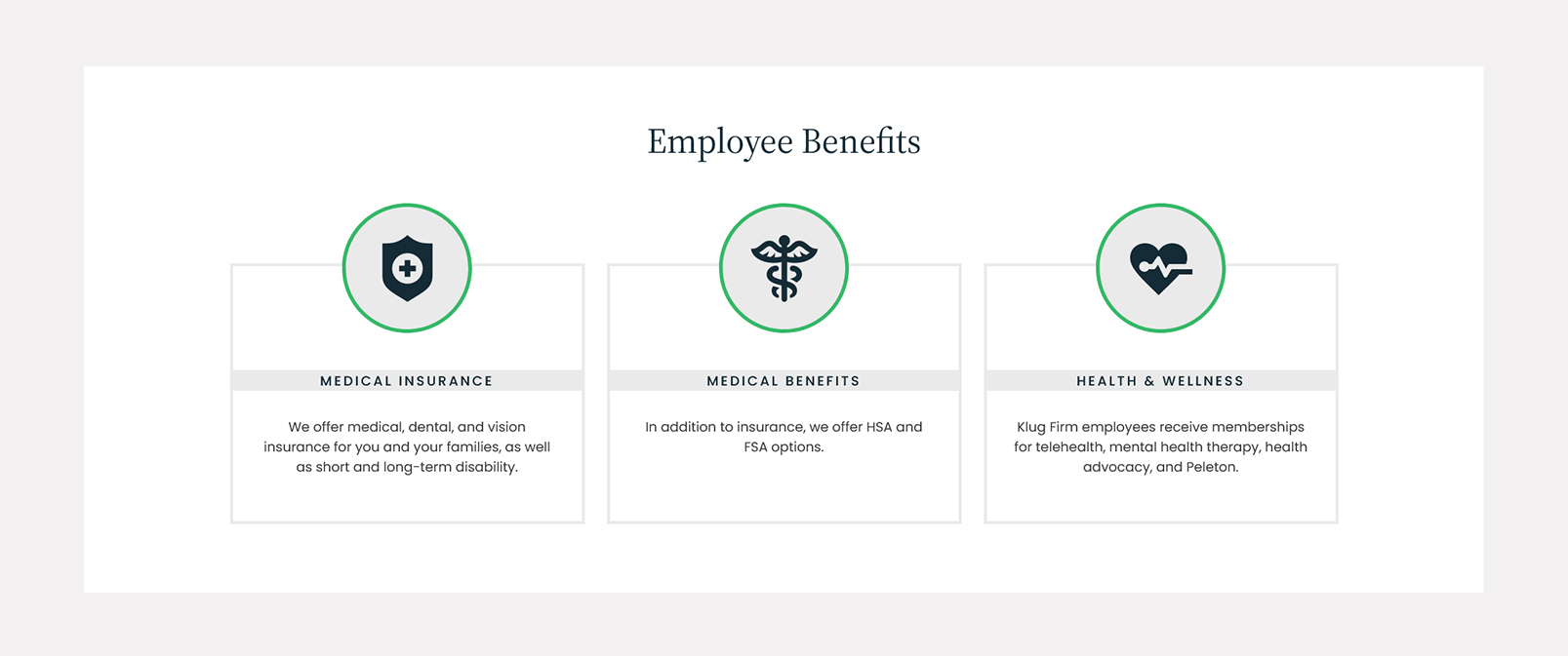 Klug-6 Employee benefits: Medical insurance (dental, vision, disability), HSA/FSA, and health/wellness (telehealth, mental health, Peloton)